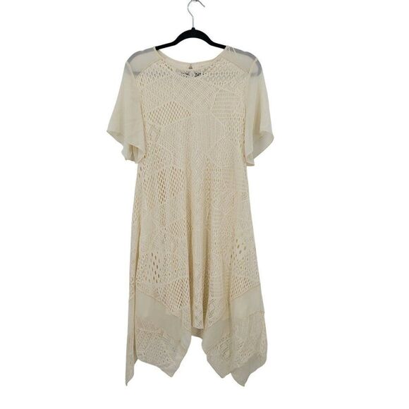 Womens Cream Lace Crochet Patchwork Tunic Dress Sz M Handkerchief Boho Bridal - Picture 4 of 11
